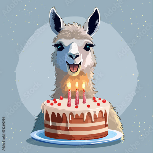A whimsical vector of a llama blowing out candles on a cake. Captured at the perfect funny moment, with full detail and natural lighting, full of charm and birthday cheer.