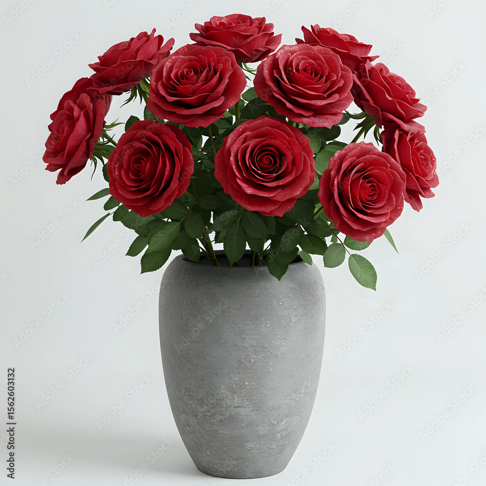 Fototapeta premium Elegant Red Roses in Gray Stone Vase on Light Background