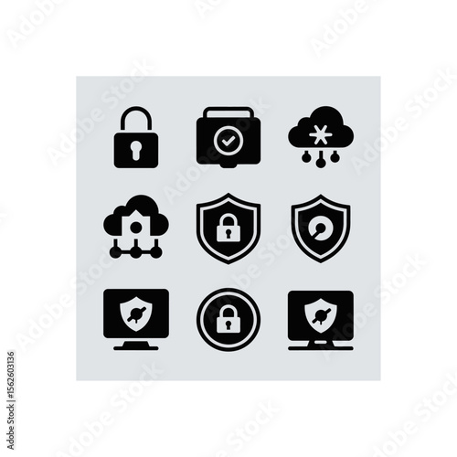 Security icons depicting data protection, cloud safety, secure server and network defense, providing privacy and safe online access