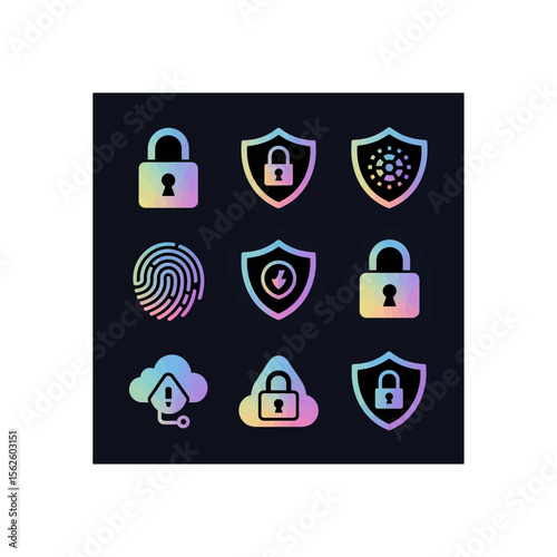Set of security icons with gradient fill lock, shield, fingerprint and cloud representing digital safety and protection in cyberspace