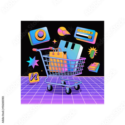 Shopping cart filled with purchases in retro wave style with credit card and digital camera floating around showcasing online shopping