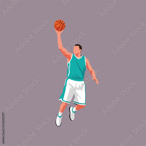 A basketball player in teal and white is depicted mid-jump shot.