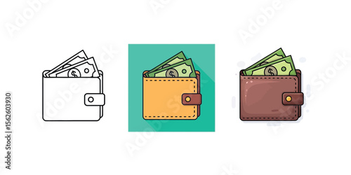 Vector icon of a wallet with cash, representing finance, payment, and personal money.eps 10