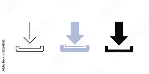 Simple flat icon of a downward arrow over a tray, symbolizing download and saving .eps 10