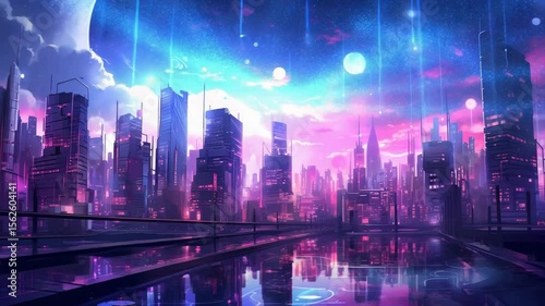 Wallpaper Mural Gen-4 Turbo A captivating cityscape blending futuristic architecture with artistic flair, illuminated by striking hues of vivid purple and pink The scene is enhanced by a digital network of glowing l  Torontodigital.ca