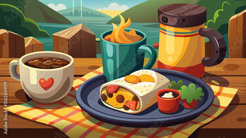 A cozy mountain lodge table displays a hearty breakfast burrito with eggs, cheese, and chorizo, wrapped tightly beside a steaming mug of black coffee and a folded wool napkin.