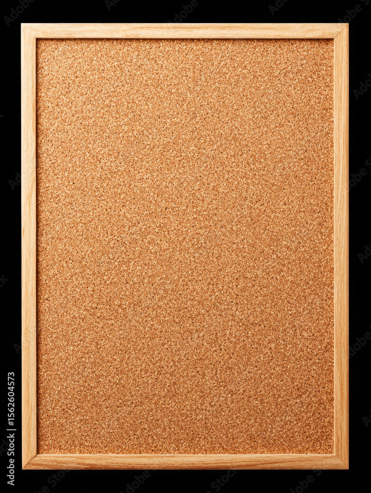 Fototapeta premium Empty cork board with wooden frame isolated on black background, perfect for pinning notes or reminders in organized and creative way