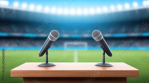 Empty wooden podium with two microphones set up for press conference in brightly lit sports stadium, ready for speakers