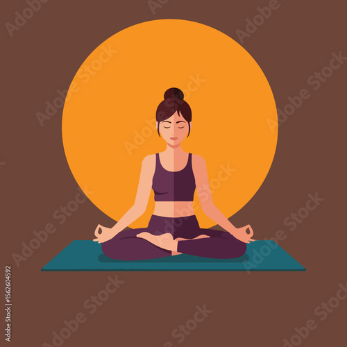 A woman meditates in a lotus position on a teal mat, silhouetted against a large orange circle.