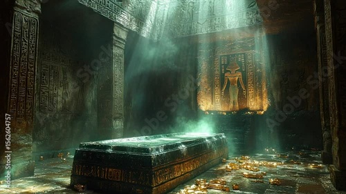 Sunbeams illuminate an ancient tomb, revealing a sarcophagus and gold amidst hieroglyphic carvings