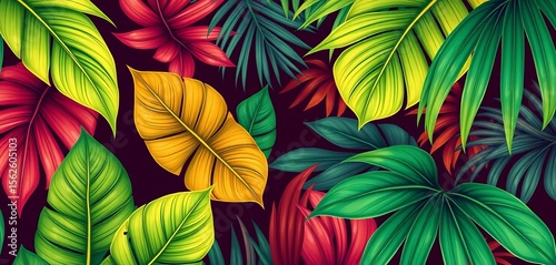 Wallpaper Mural Hand-drawn abstract tropical foliage pattern, lush green monstera and palm leaves , growth, summer Torontodigital.ca
