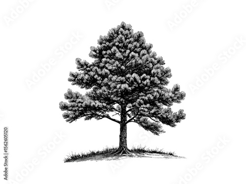 Vintage hand-drawn engraving of Loblolly Pine Tree, botanical art, evergreen forest flora, rustic sketch, pine leaves, old engraving style, nature decor, woodlands illustration, natural history