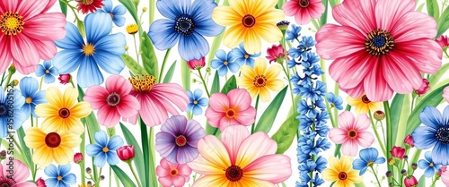 Hand-painted watercolor wildflowers, pink, blue, yellow, green leaves, seamless summer meadow pattern , countryside, blossom