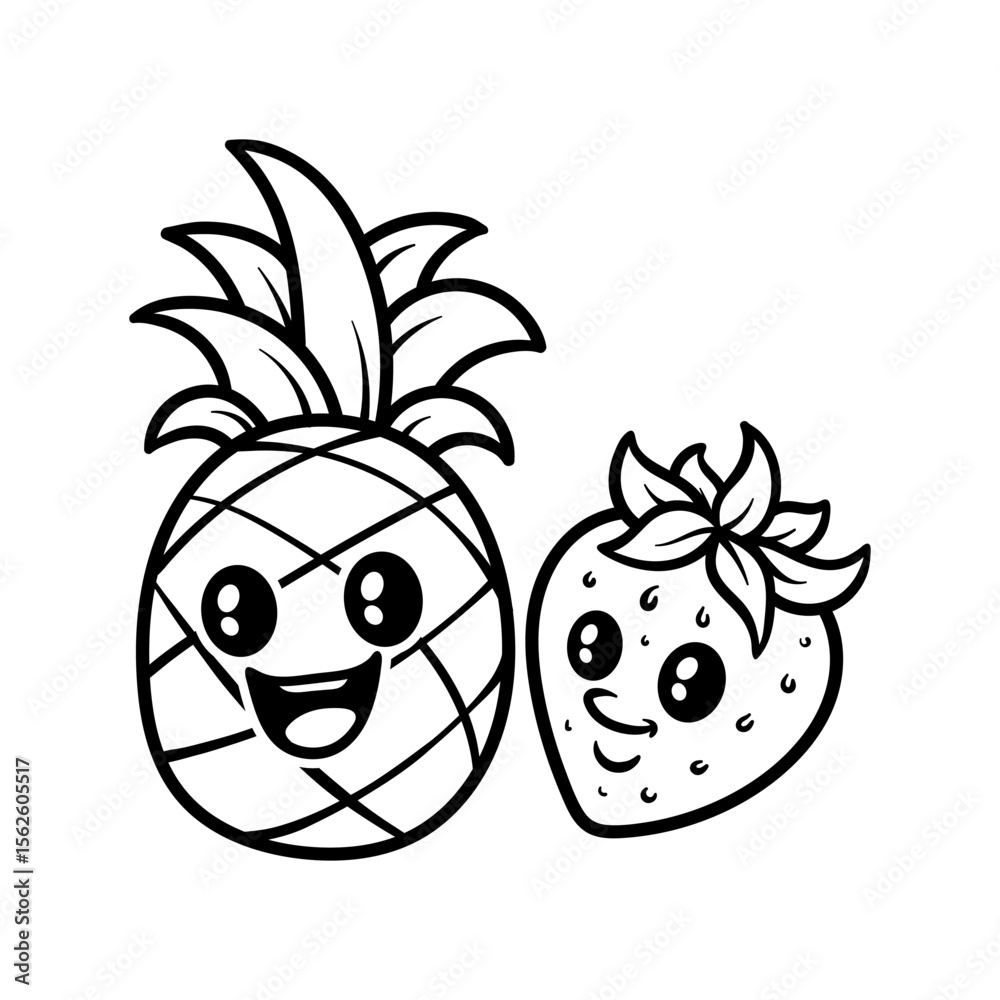 Fototapeta premium fun cute pineapple and strawberry cartoon character isolated drawing line style sketch classic vintage design illustration