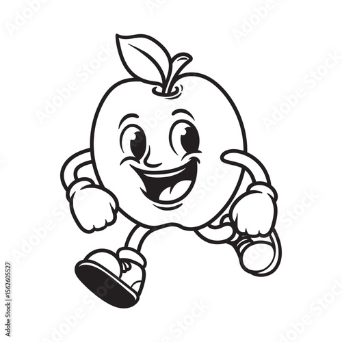 funny cute running apple cartoon character isolated drawing line style sketch classic vintage design illustration