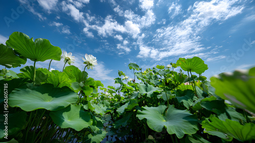 4k underwater upward shot of lotus leaves and sky background