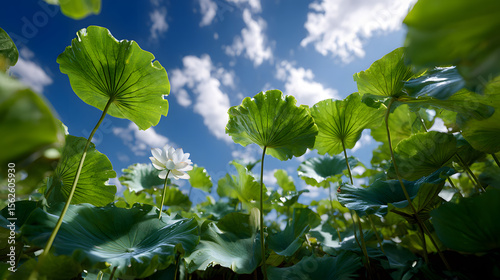 4k underwater upward shot of lotus leaves and sky background