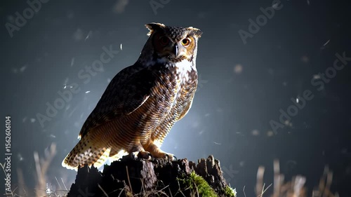 Magnificent Brown and White Owl Perched on Mossy Stump in Dark Bokeh Background
