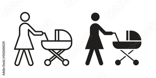 Woman with Baby Stroller icon vector collection. vector stock symbol illustrations
