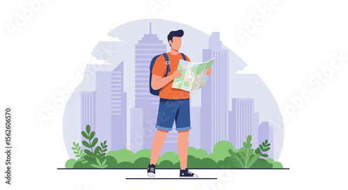 Tourist Exploring City with Map Backpack and Urban Landscape Illustration.