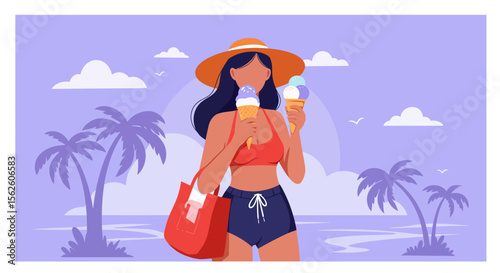 Summer Bliss: Woman Enjoying Ice Cream on a Tropical Beach.