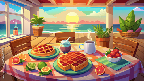 A beach house kitchen table glows with morning light, showcasing chicken and waffles drizzled with honey, with a small bowl of watermelon cubes and mint on the side.