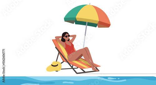 Serene Summer Poolside Relaxation: Woman in Red Bathing Suit Lounging on Striped Deck Chair under Colorful Beach Umbrella.
