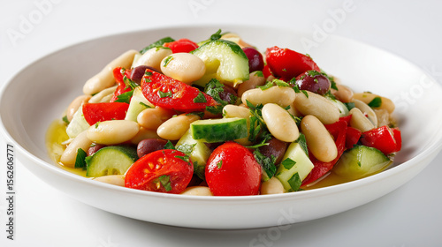 Fresh Mediterranean bean salad with white beans, tomatoes, cucumber, parsley, and olive oil, ideal for vegan, vegetarian, and protein-rich diets photo