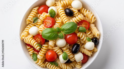 Classic Italian pasta salad with fusilli, cherry tomatoes, mozzarella balls, black olives, and basil, perfect for summer, lunch, or potluck gatherings