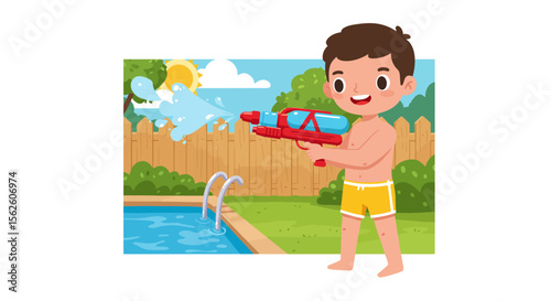 Boy with Water Gun by Poolside Summer Fun Illustration.