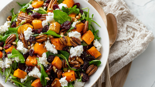 Holiday salad with roasted butternut squash, mixed greens, pecans, cranberries, and creamy goat cheese, perfect for festive or autumn recipes