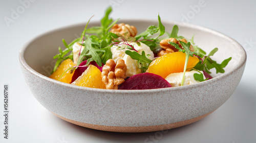 Healthy beetroot and goat cheese salad topped with walnuts, orange segments, and fresh greens, ideal for modern clean eating visuals
