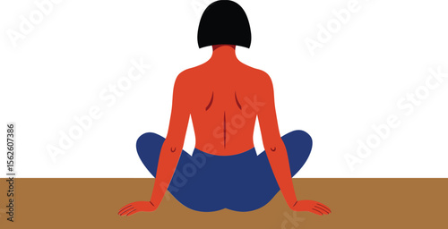 Woman sitting on wooden floor with crossed legs and short black hair back view in simple pose 