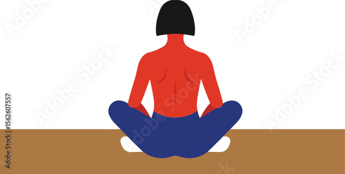 Woman practicing meditation in cross legged posture with red top and blue pants on brown mat in minimalistic style 