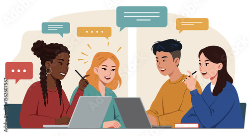 Diverse Students Collaborating Online with Speech Bubble