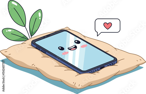Cute smartphone with happy face lying on pillow showing love heart symbol digital communication concept 