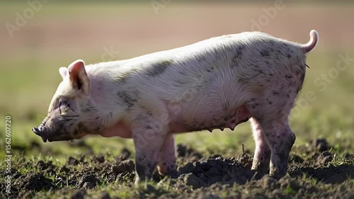 Piglet Digging In Muddy Ground Outdoors With Green Field And Brown Soil Background