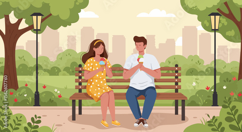 Couple Enjoying Ice Cream in Park Summer Day Flat Vector Illustration.