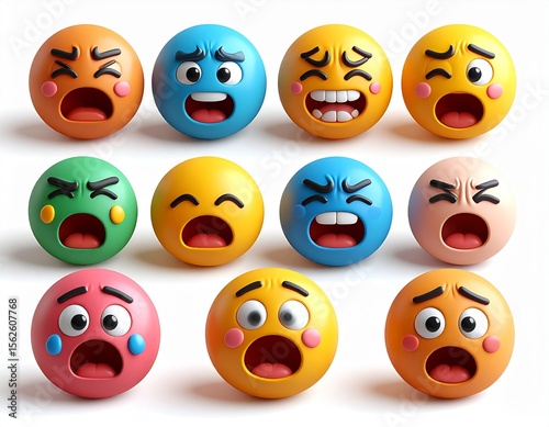 Cute and expressive clay-style emoji faces (angry, crying, shocked, in love) for social media and content creators, bold color tones, 3D soft shadows