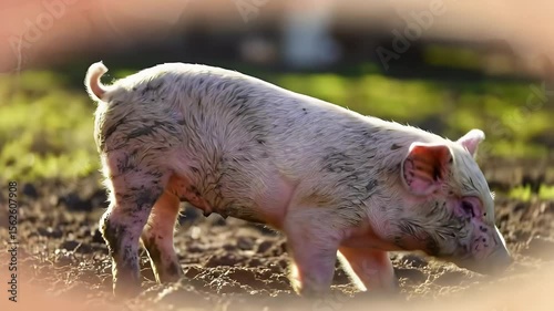 Pink Piglet Standing in a Patch of Dark Brown Soil in a Sunny Field with Golden Light