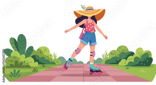 Summer Roller Skating: Woman in Hat Enjoying Outdoor Activity on Path.