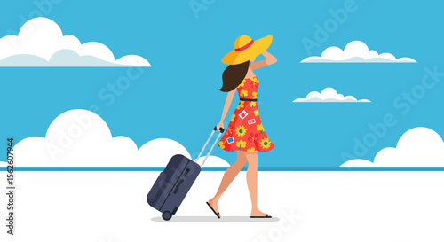 Summer Vacation: Woman with Suitcase by the Sea.