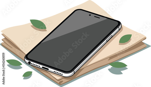 Modern smartphone placed on stack of envelopes with green leaves around digital communication concept