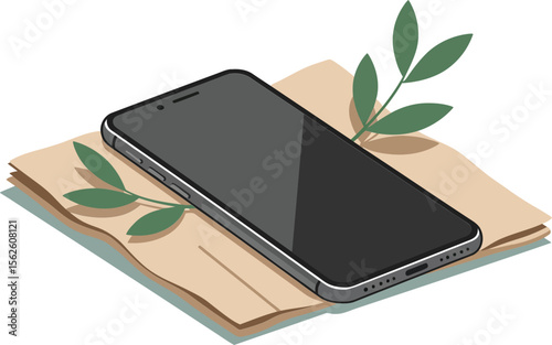 Smartphone lying on paper envelope with green leaves decoration natural simple composition technology theme 