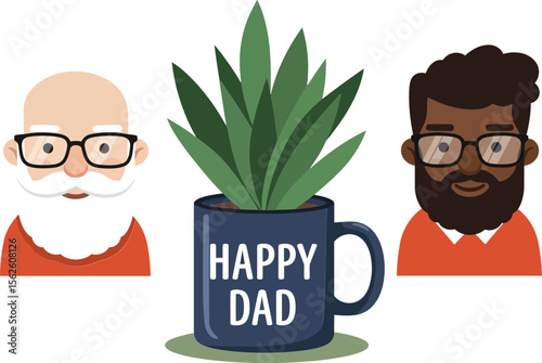 Two diverse fathers with happy dad mug celebrating fatherhood and family love in simple vector style 