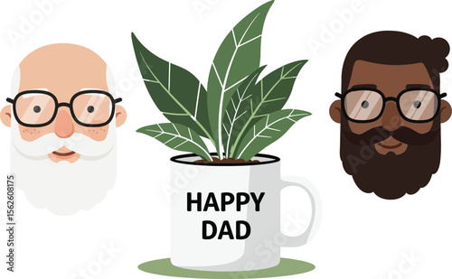 Happy Dad mug with green plant and minimalistic faces of two fathers with glasses in vector style 