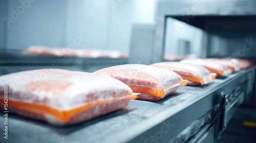 Vacuum-sealed frozen meals on a conveyor moving into a blast freezer chamber