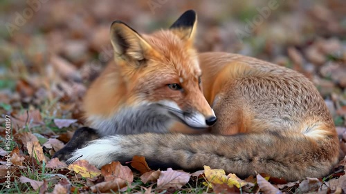 Red Fox Curled Up Among Fallen Leaves Relaxing During Autumn With Focused Gaze