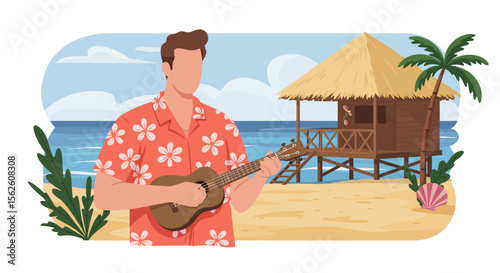 Tropical Beach Scene: Man Playing Ukulele Hut Palm Tree Paradise.