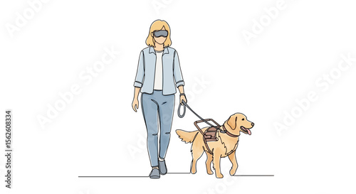Blind woman with eye cover and guide dog – one-line doodle drawing with watercolor fill, minimal vector on white